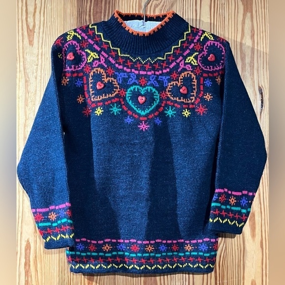 VTG GRAND Made in USA Blue Multicolored 3/4 sleeve Mock Neck Sweater 3D Hearts - Picture 1 of 8
